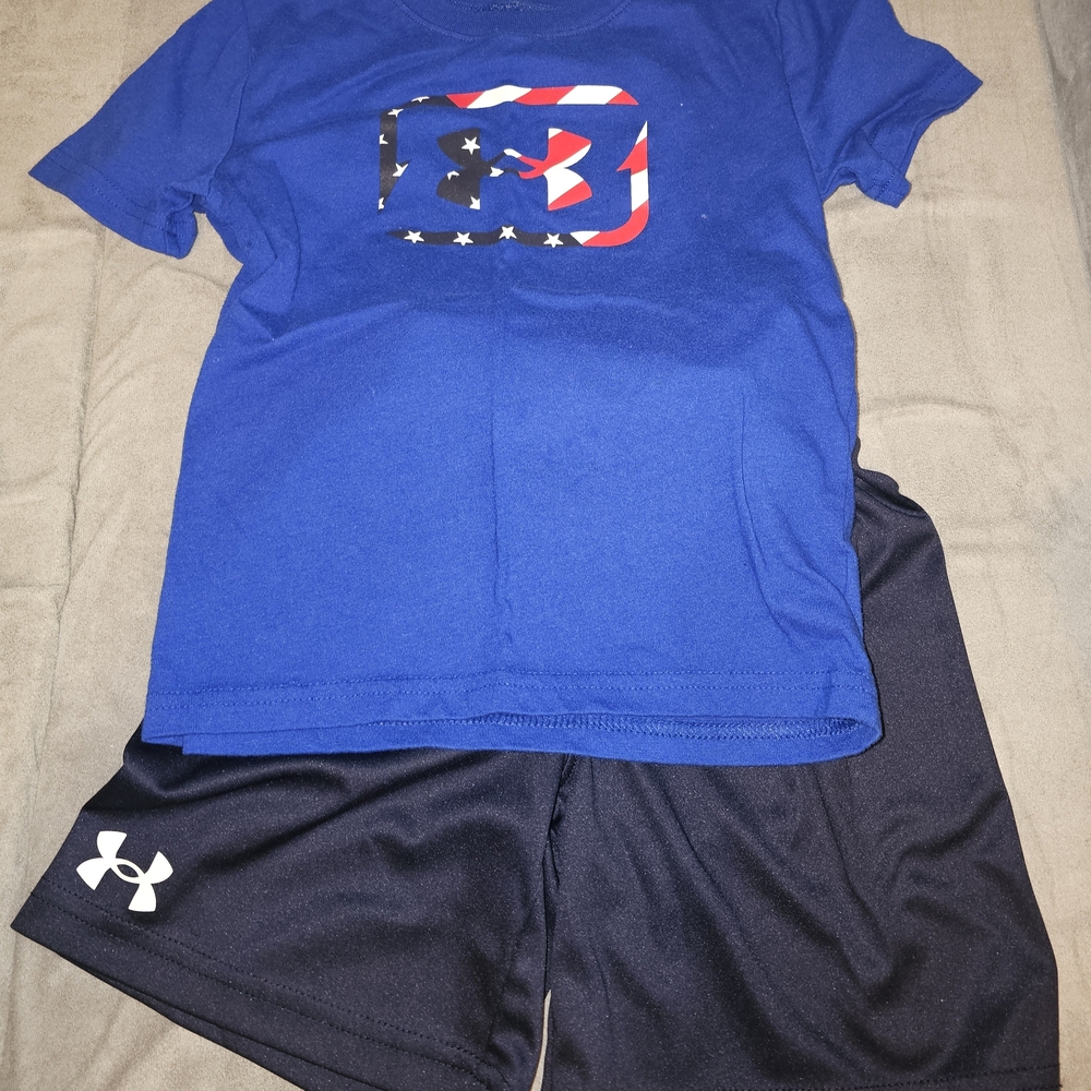 Under Armour Boys Royal Blue Tee & Black Shorts Set with Flag Logo